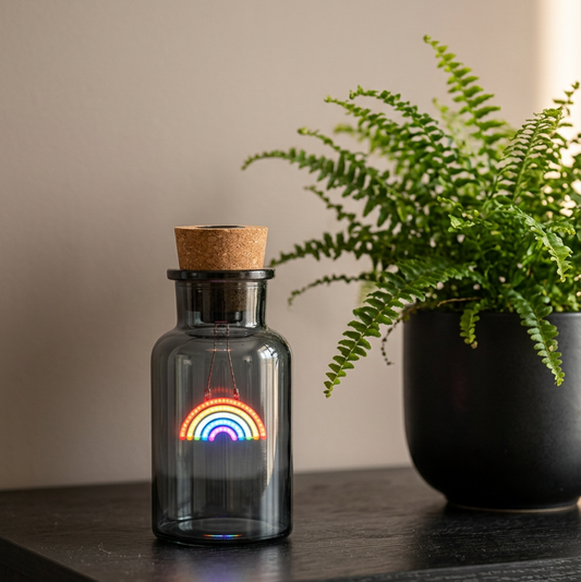 A dark gray glass bottle with a cork stopper and black neck, lit from within by a glowing rainbow. The bottle sits on a dark tabletop next to a potted green fern against a plain beige wall.