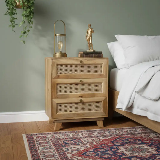 Rattan 3 Drawer Bedside Table