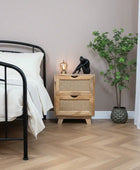 Bedroom with black metal bed, wooden nightstand, and plant on a wooden floor.