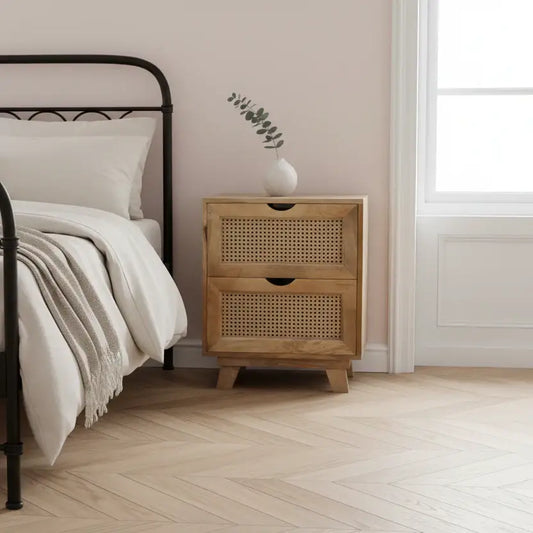 Wooden nightstand next to a bed with a vase on top in a bedroom setting.