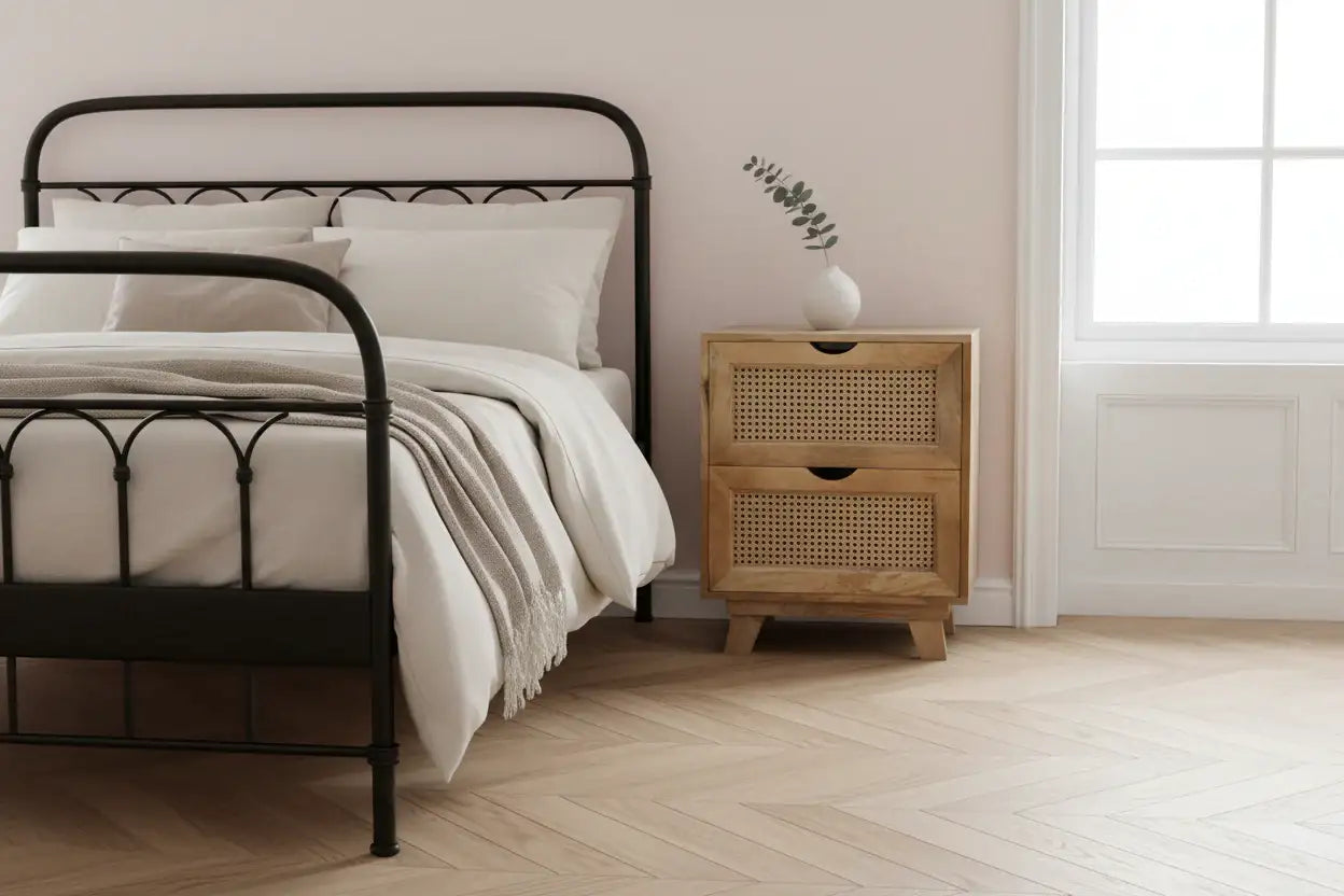 Bedroom with black metal bed frame, white bedding, and wooden nightstand.