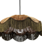 A bohemian-style pendant light with a woven wicker shade, olive green fringe, and a clear glass bowl in the center, suspended by a black cord against a white background.