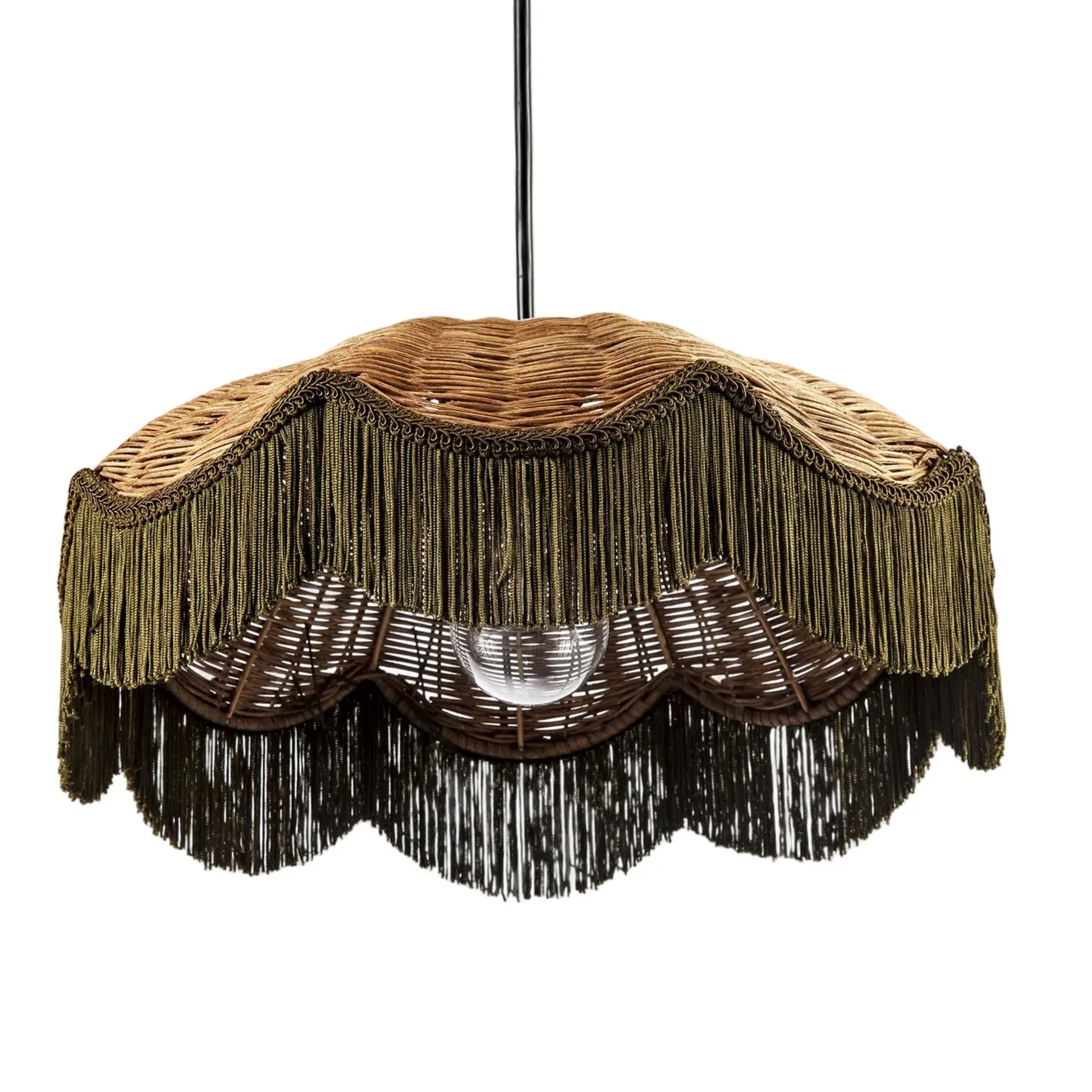 A bohemian-style pendant light with a woven wicker shade, olive green fringe, and a clear glass bowl in the center, suspended by a black cord against a white background.