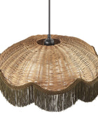 A natural woven rattan pendant light shade with a scalloped fringe and a dark metal hanging rod, shown against a plain white background.