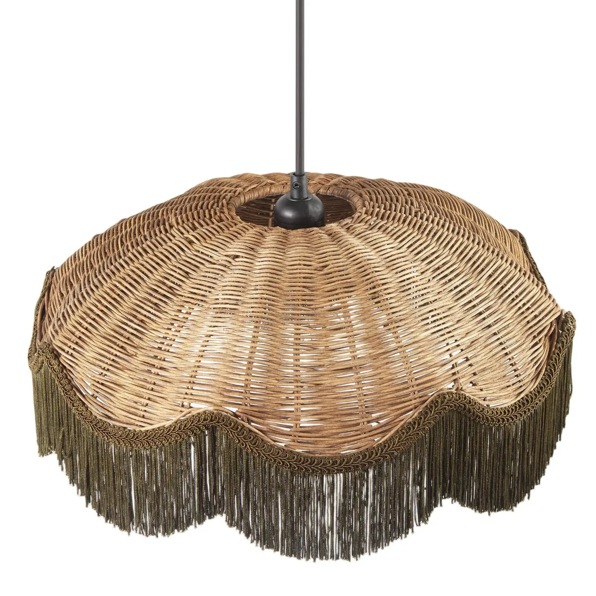 A natural woven rattan pendant light shade with a scalloped fringe and a dark metal hanging rod, shown against a plain white background.