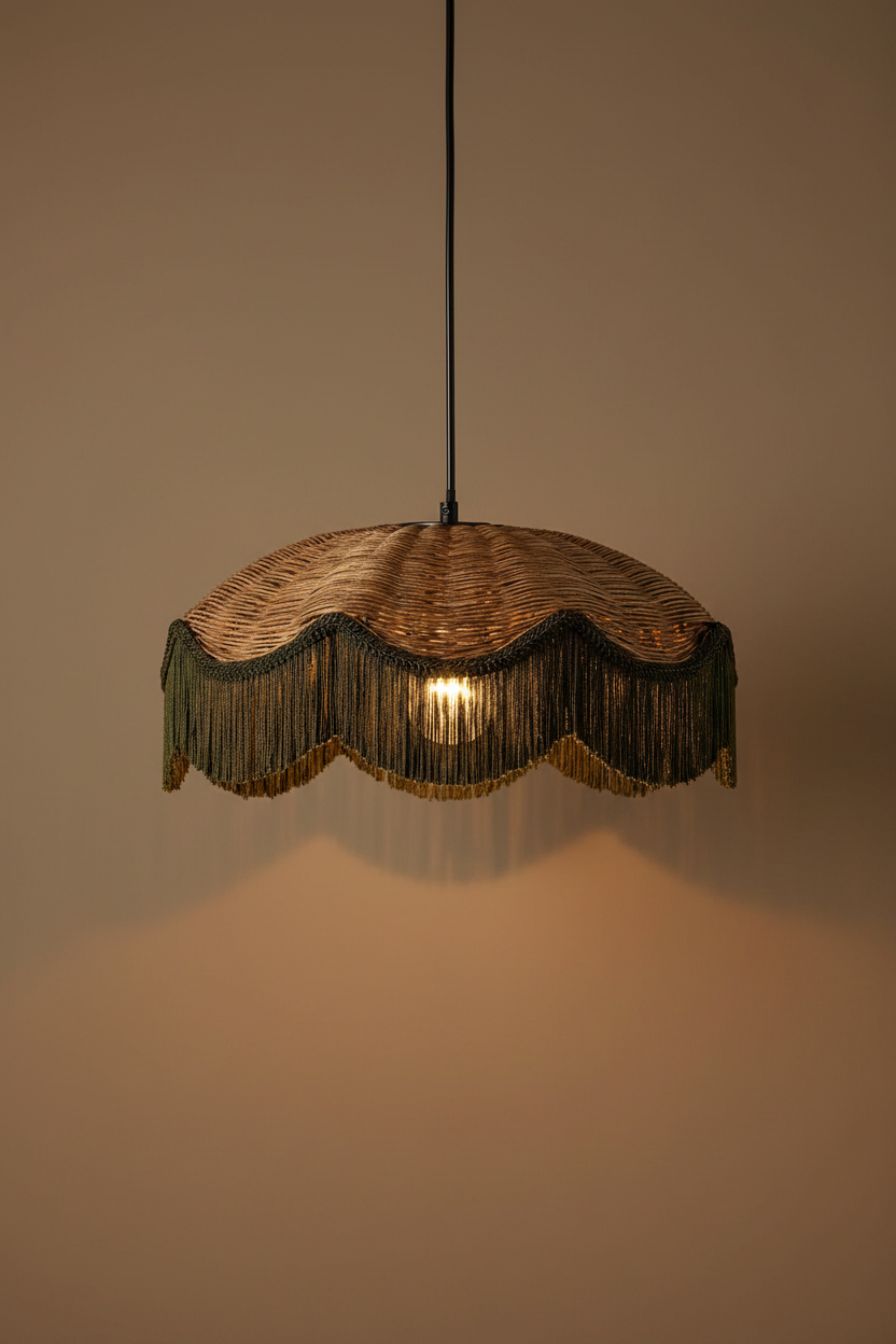 A hanging pendant light with a woven natural-fiber shade and dark fringe, glowing with a warm light against a plain beige wall.