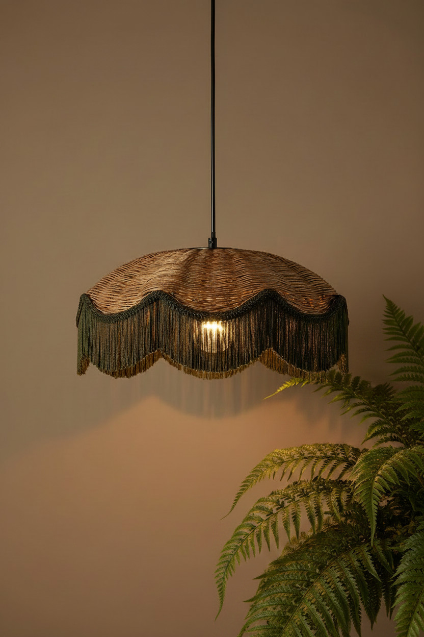 A woven pendant light with a scalloped fringe shade, hanging against a warm beige wall with a green fern in the foreground.