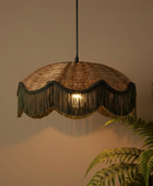 A woven wicker pendant light with dark green fringe, suspended against a warm beige wall with a green fern in the foreground.
