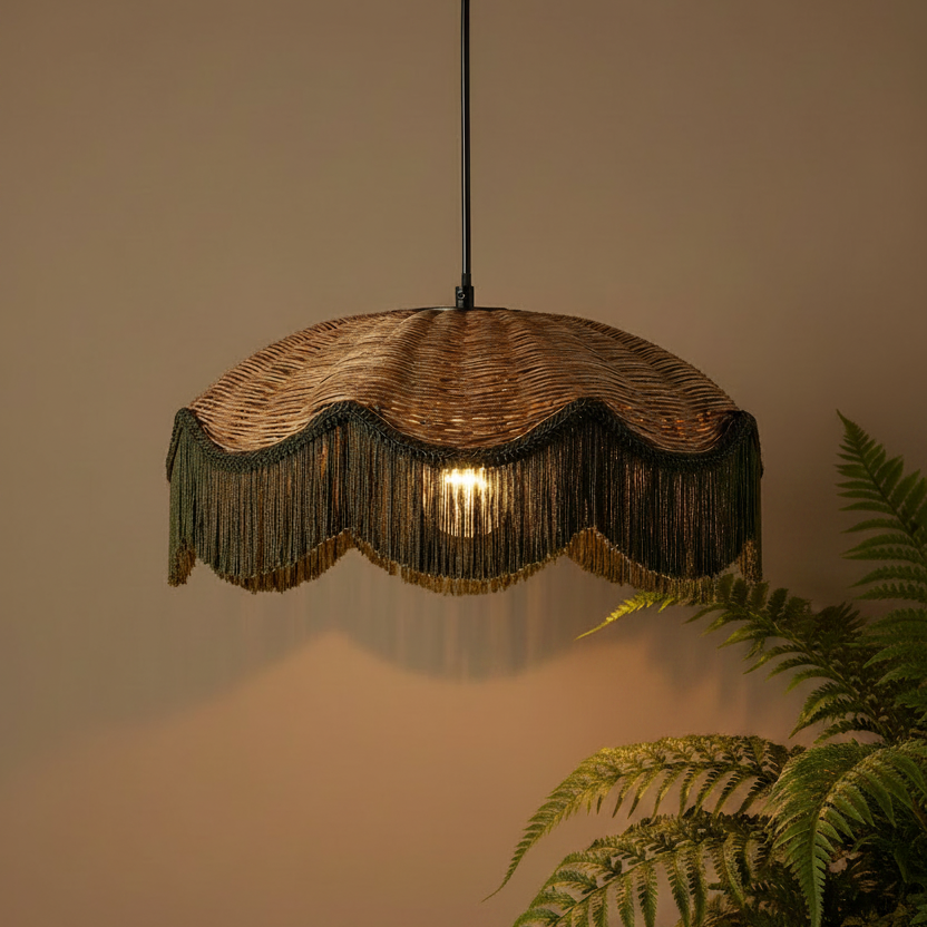 A woven wicker pendant light with dark green fringe, suspended against a warm beige wall with a green fern in the foreground.