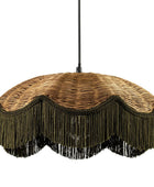 A wicker pendant light shade with a dark olive green fringe trim and a black hanging rod, shown against a plain white background.