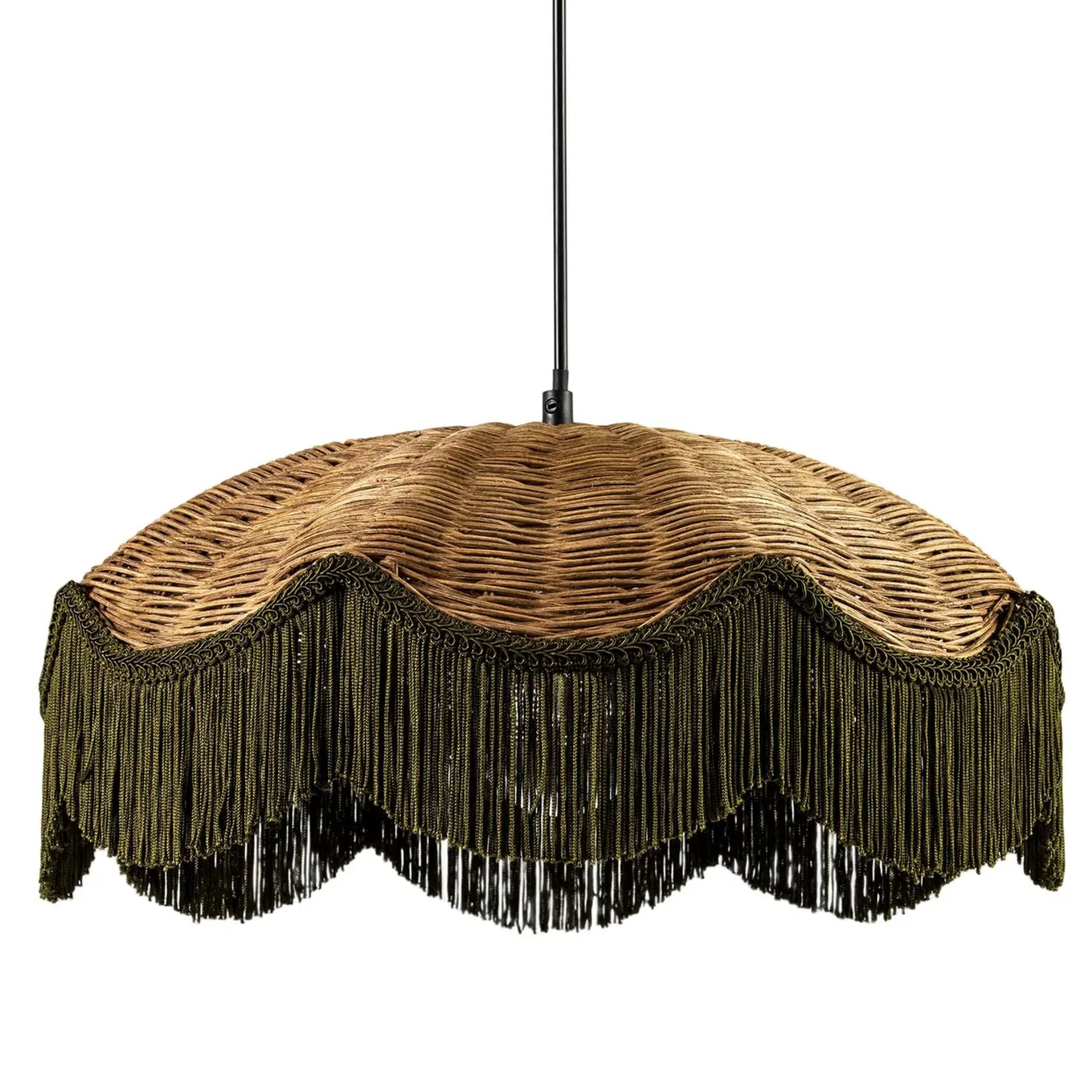 A wicker pendant light shade with a dark olive green fringe trim and a black hanging rod, shown against a plain white background.