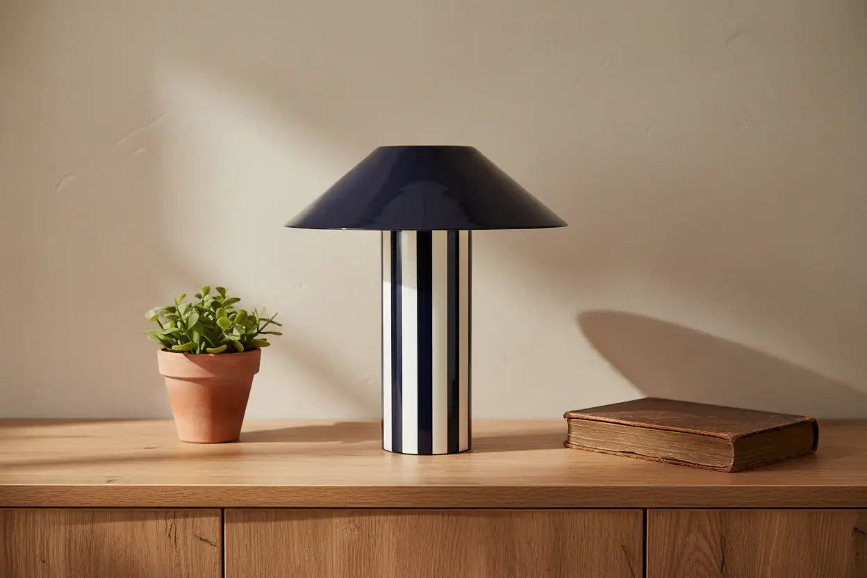 Table lamp with black shade and striped base on a wooden surface next to a plant and book.