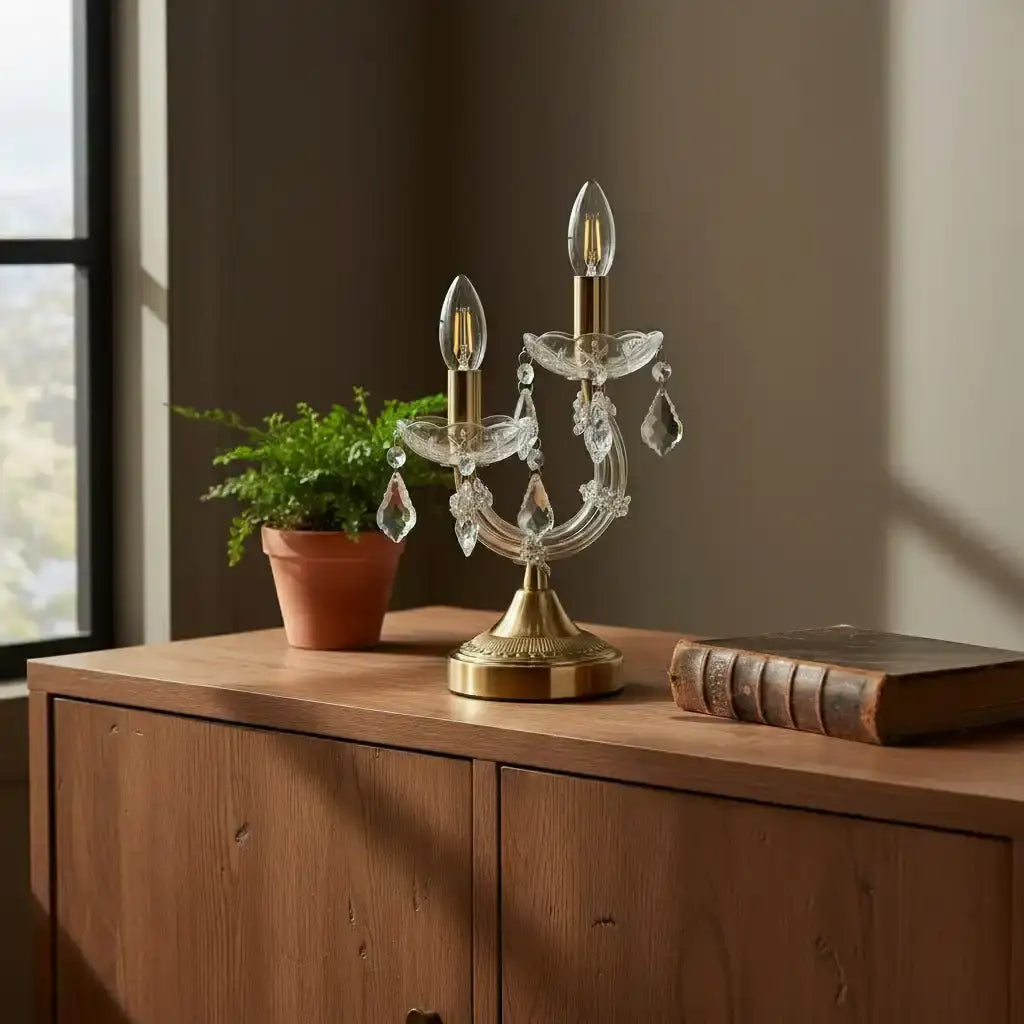 Decorative table lamp with crystal accents on a white background