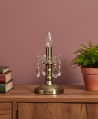 Decorative lamp with books and a potted plant on a wooden surface against a pink wall.