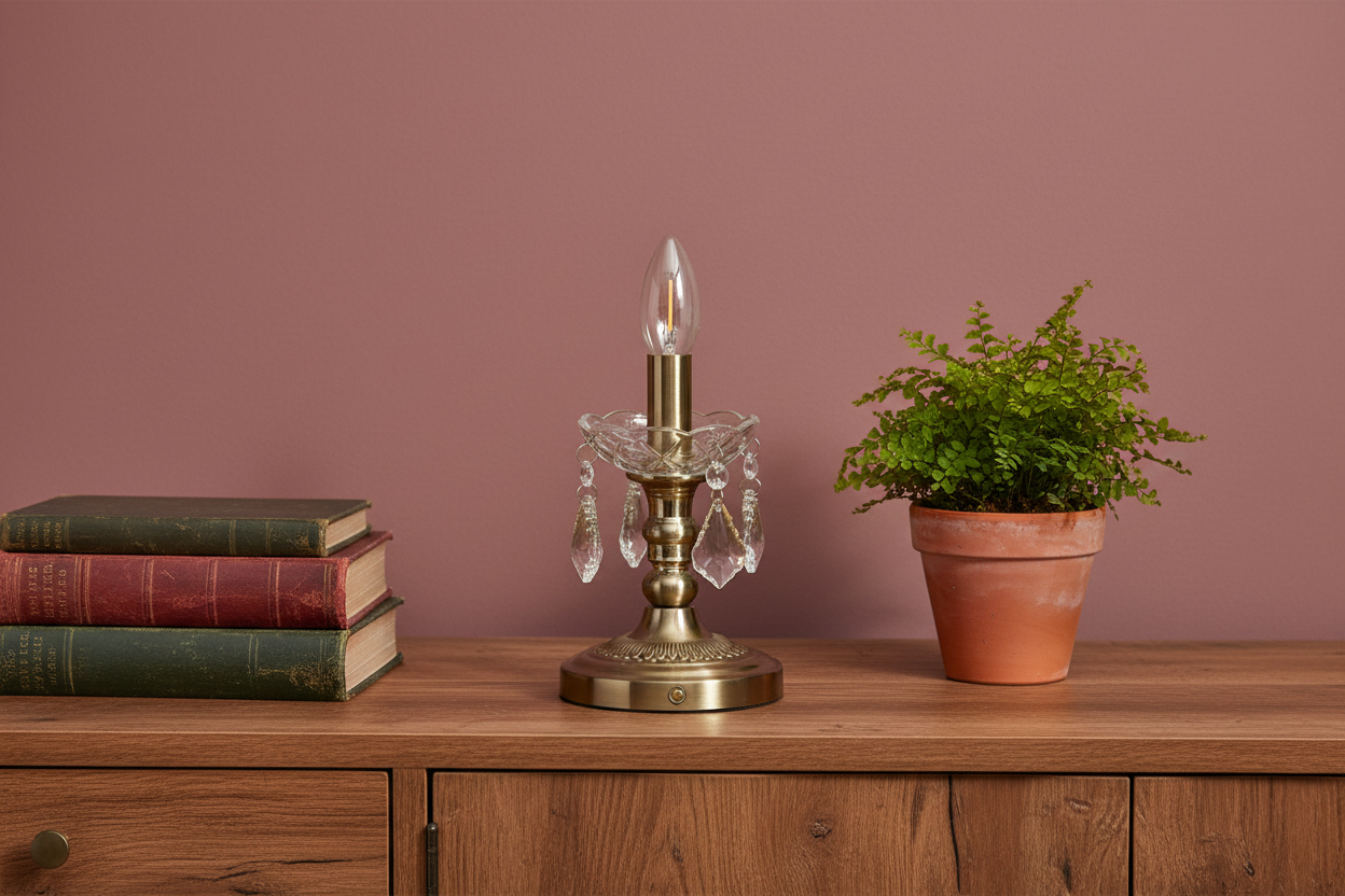 Decorative lamp with books and a potted plant on a wooden surface against a pink wall.