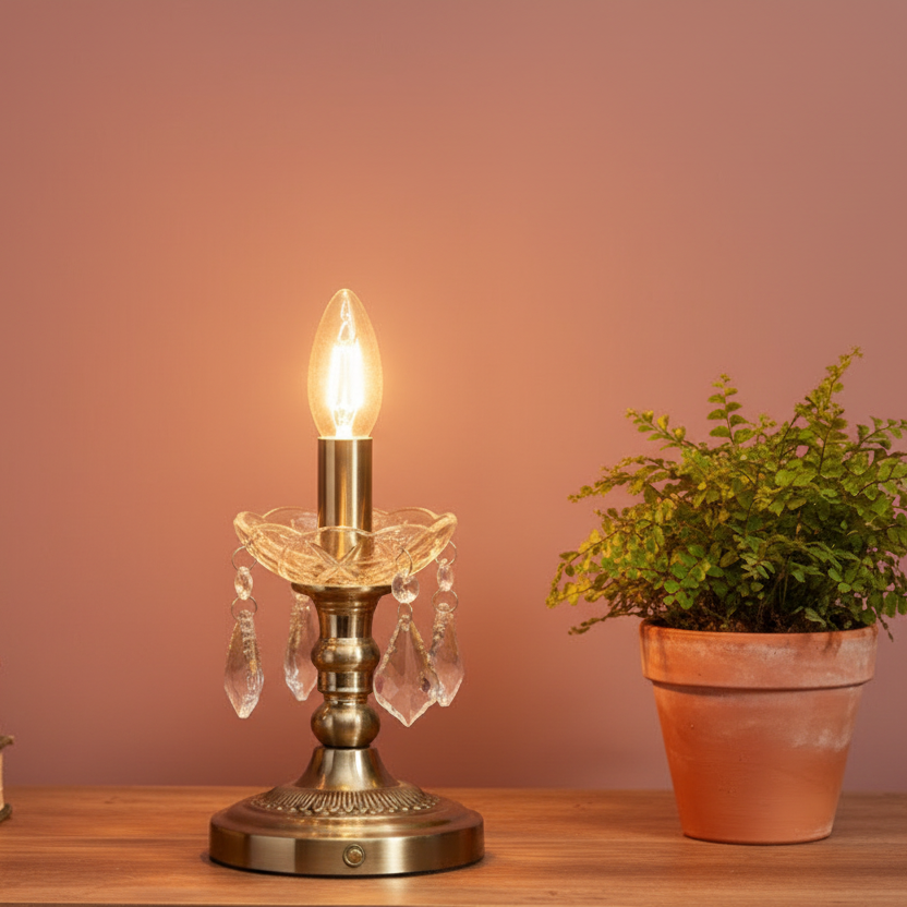Decorative table lamp with a lit bulb next to a potted plant on a wooden surface.