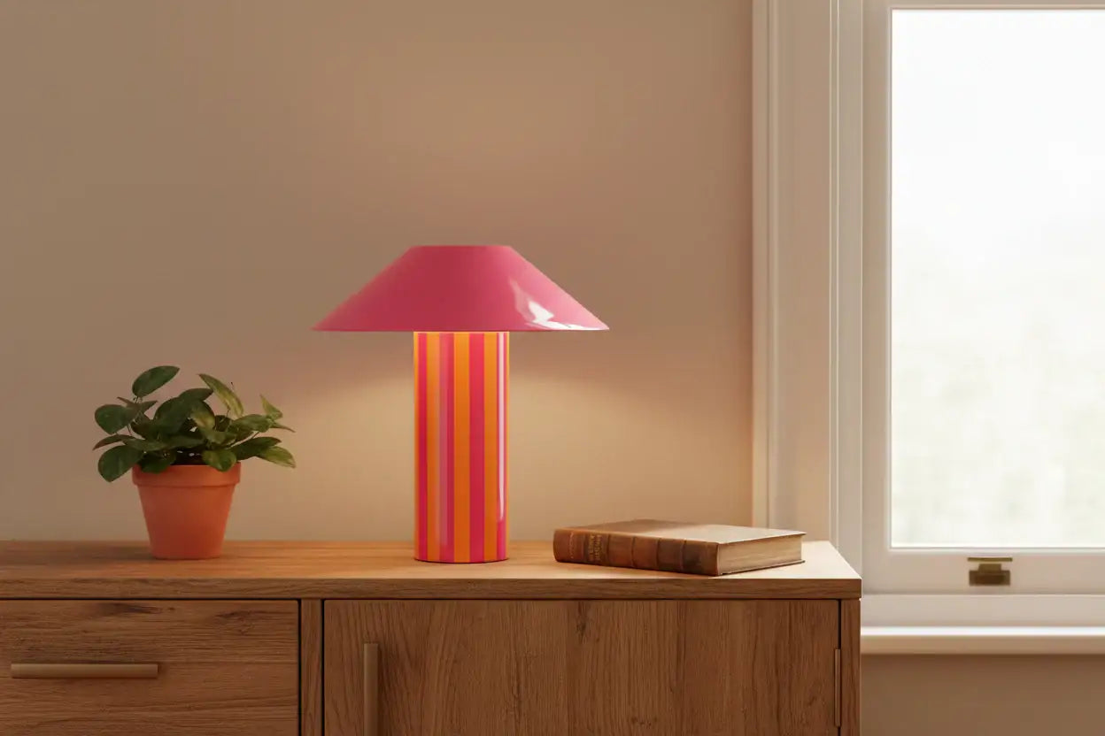 Table lamp with striped design on a wooden surface next to a plant and book, against a beige wall.