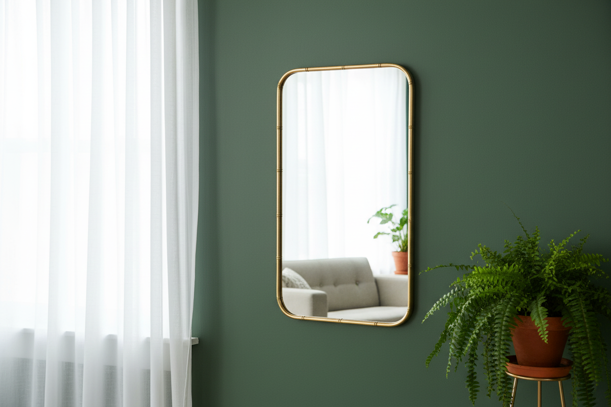 Rectangular mirror with gold frame on a green wall with a plant and sofa in the reflection