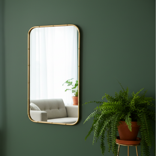 Rectangular mirror with gold frame on a green wall, reflecting a living room with a sofa and plants.
