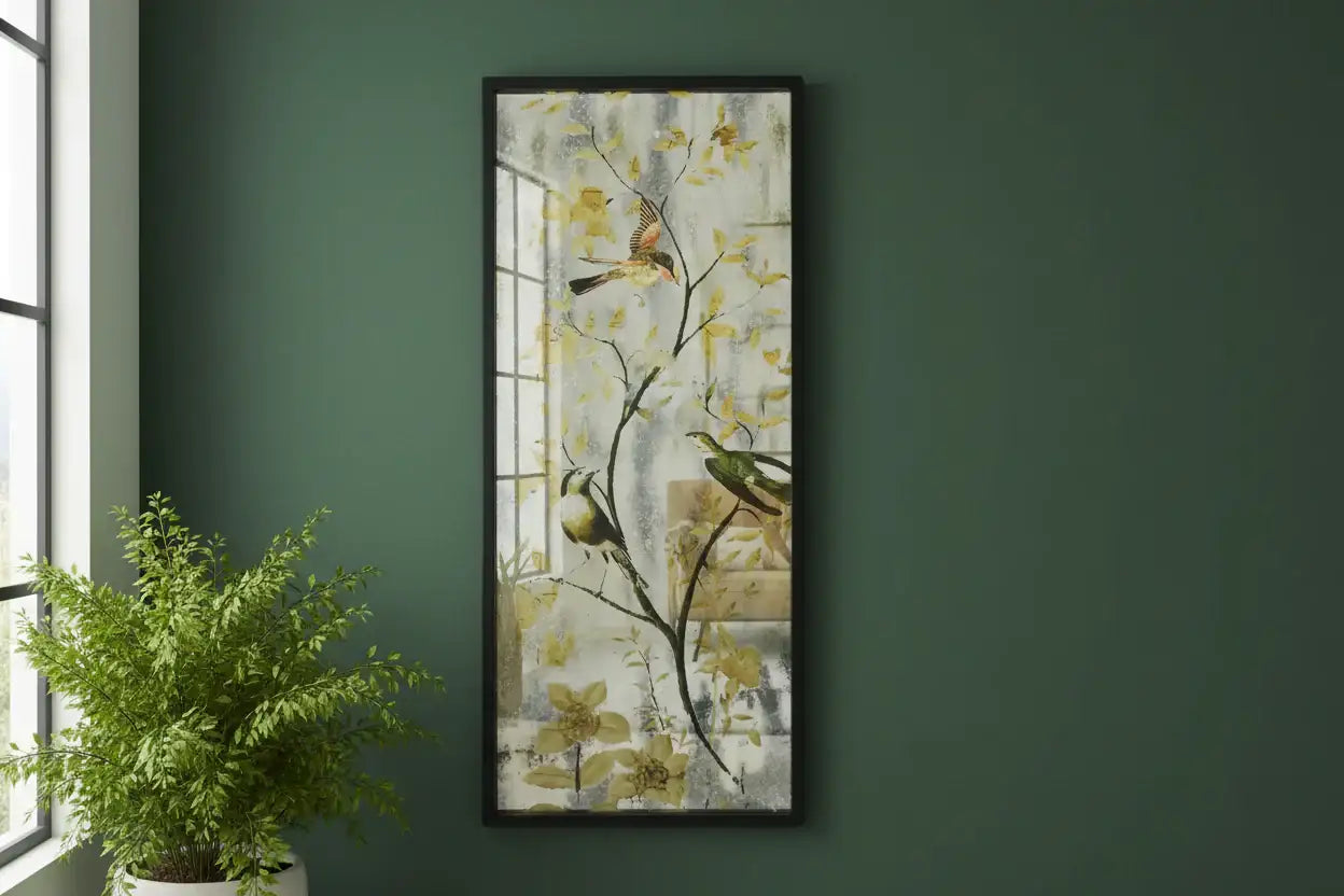 Framed artwork on a green wall with a plant in the corner