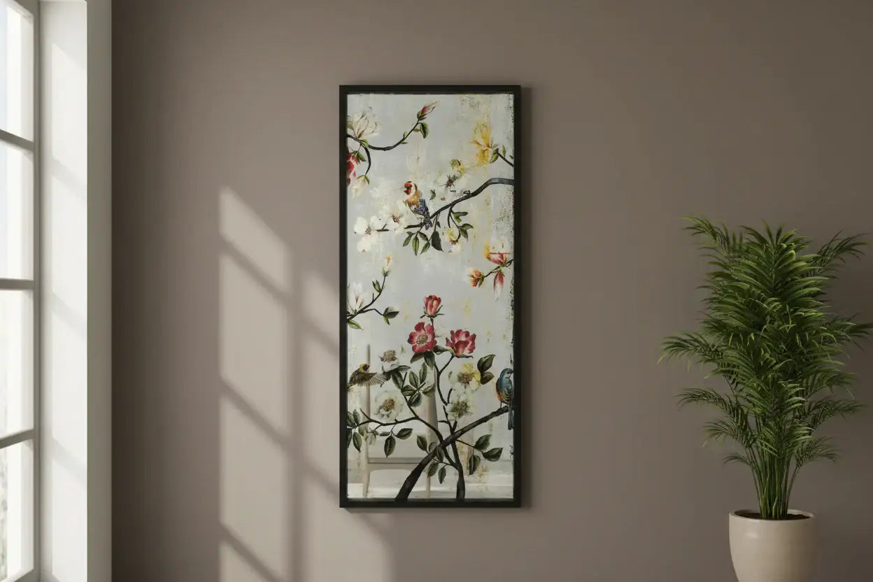 Framed artwork of a floral design on a wall with a plant to the right.