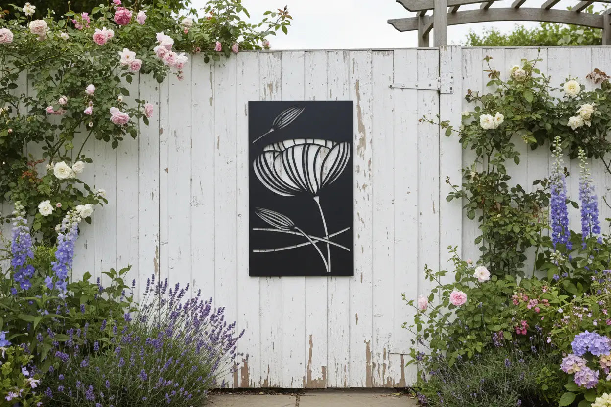 Decorative metal wall art with floral design on a white wooden fence surrounded by flowers.