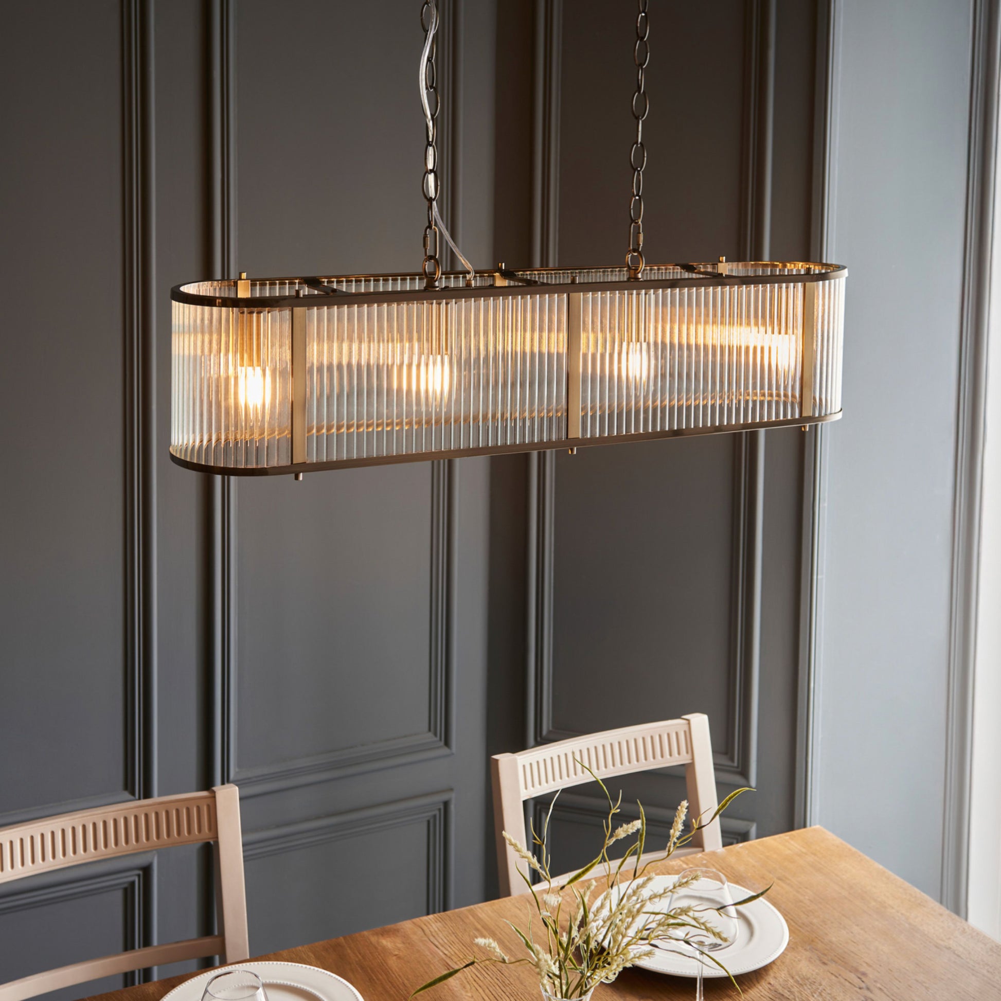 Rectangular Ribbed Glass & Antique Brass Linear Pendant Light