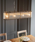 Rectangular Ribbed Glass & Antique Brass Linear Pendant Light