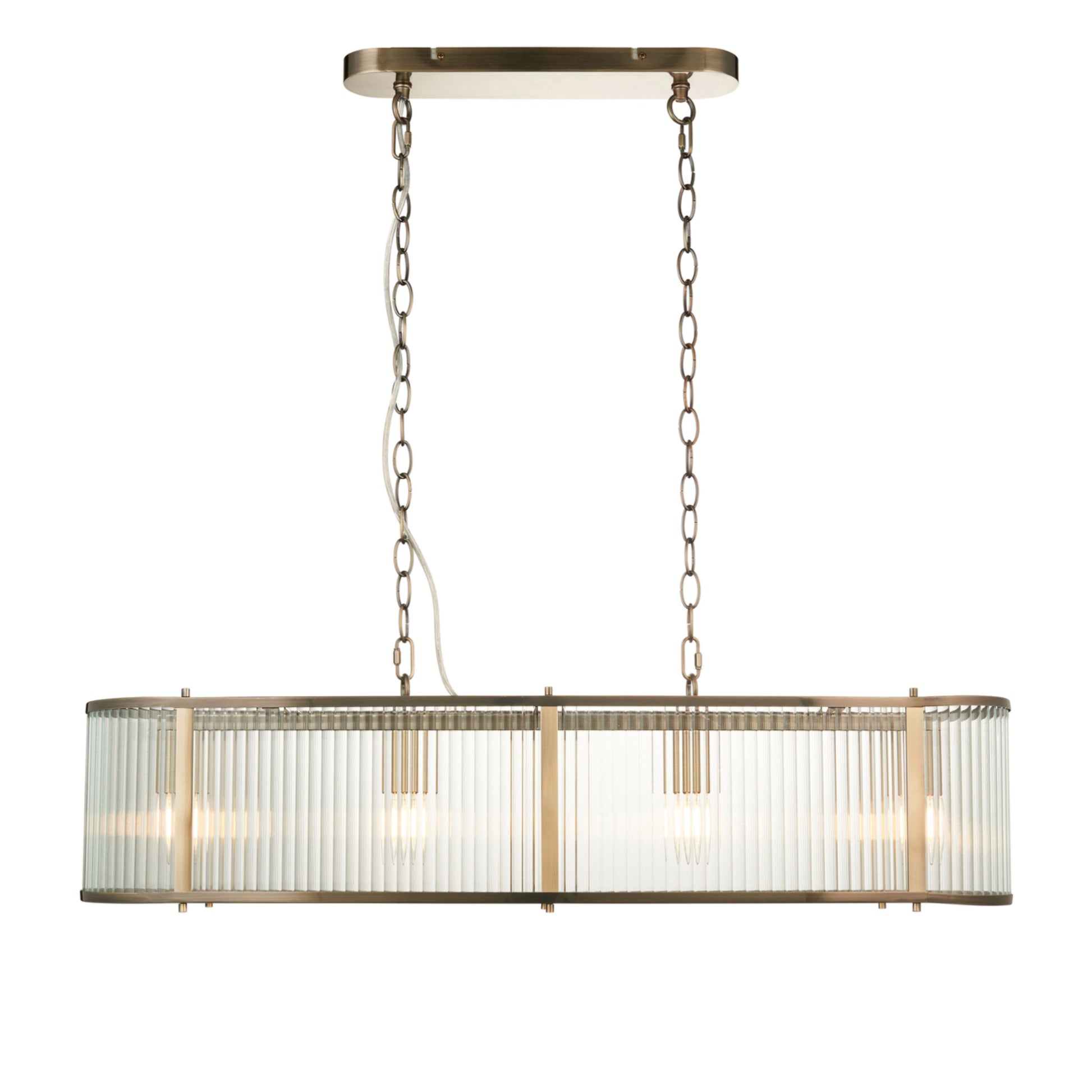 Rectangular Ribbed Glass & Antique Brass Linear Pendant Light 2