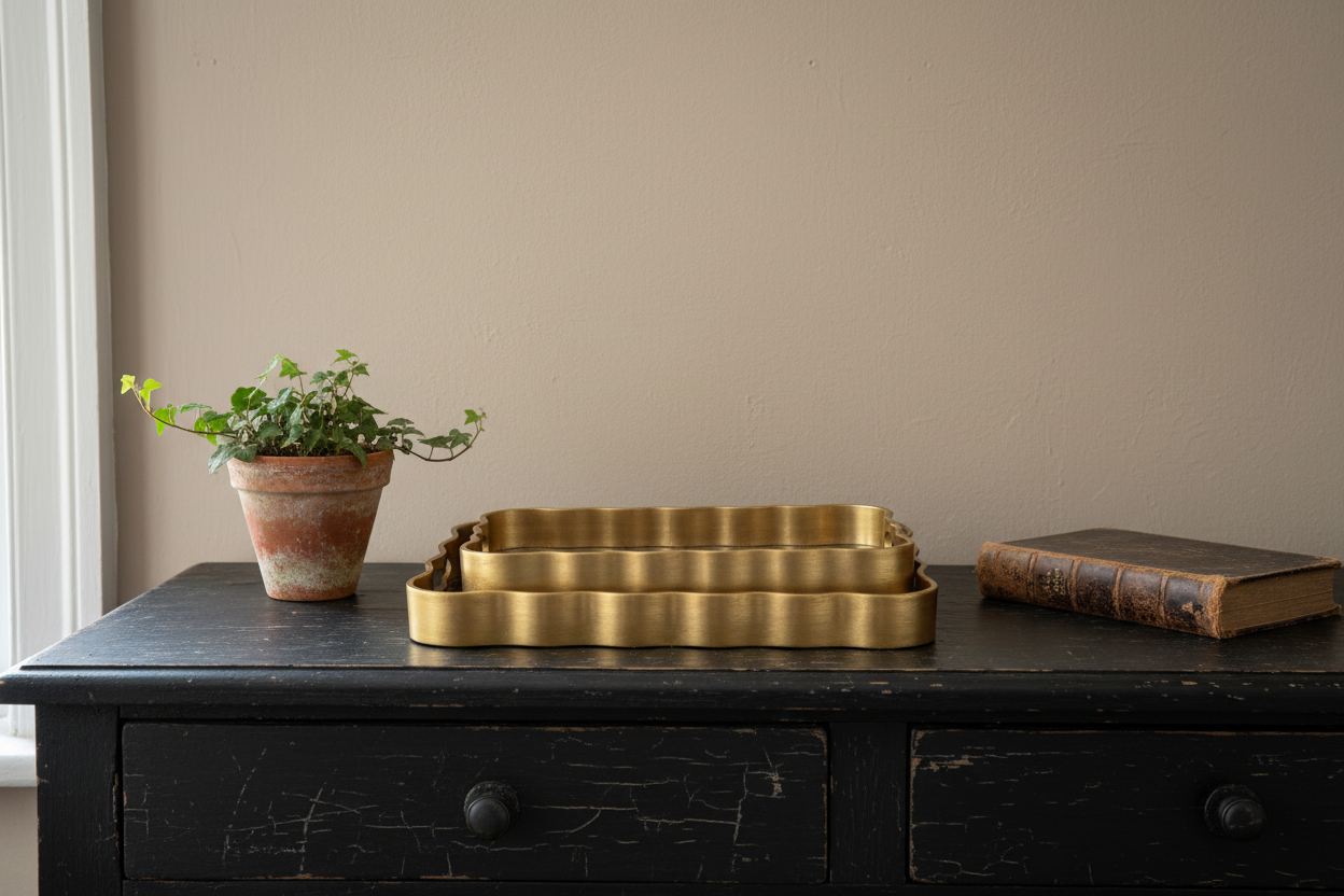 Brass tray on a dark wooden surface with a plant and book against a beige wall.