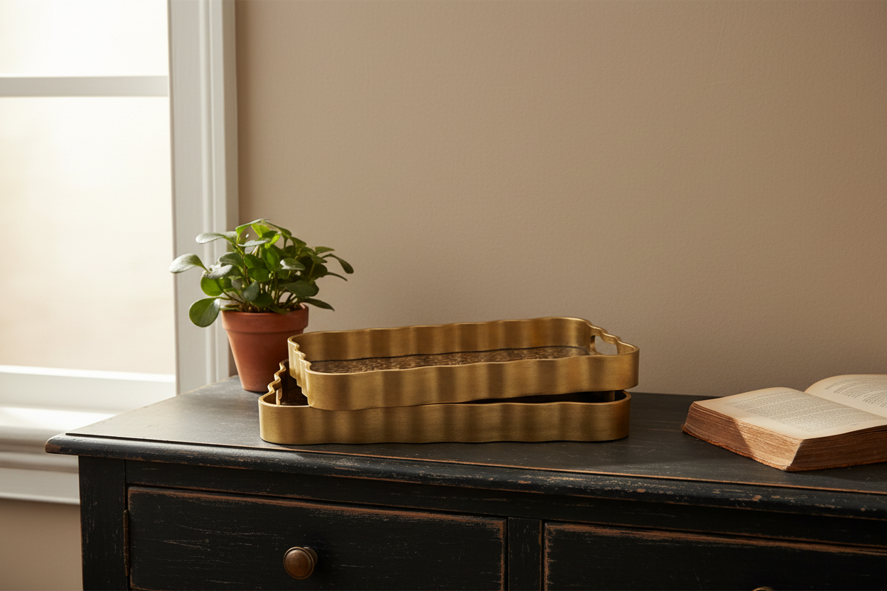 Gold tray on a dark wooden surface with a plant and book in the background.