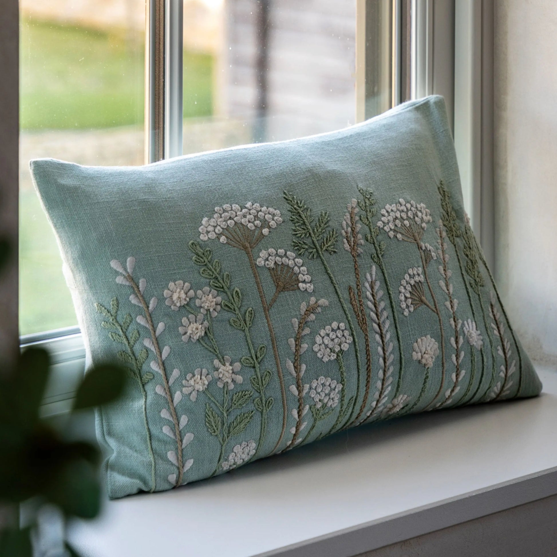 Rectangular Embroidered Meadow Duck Egg Blue Cushion 1