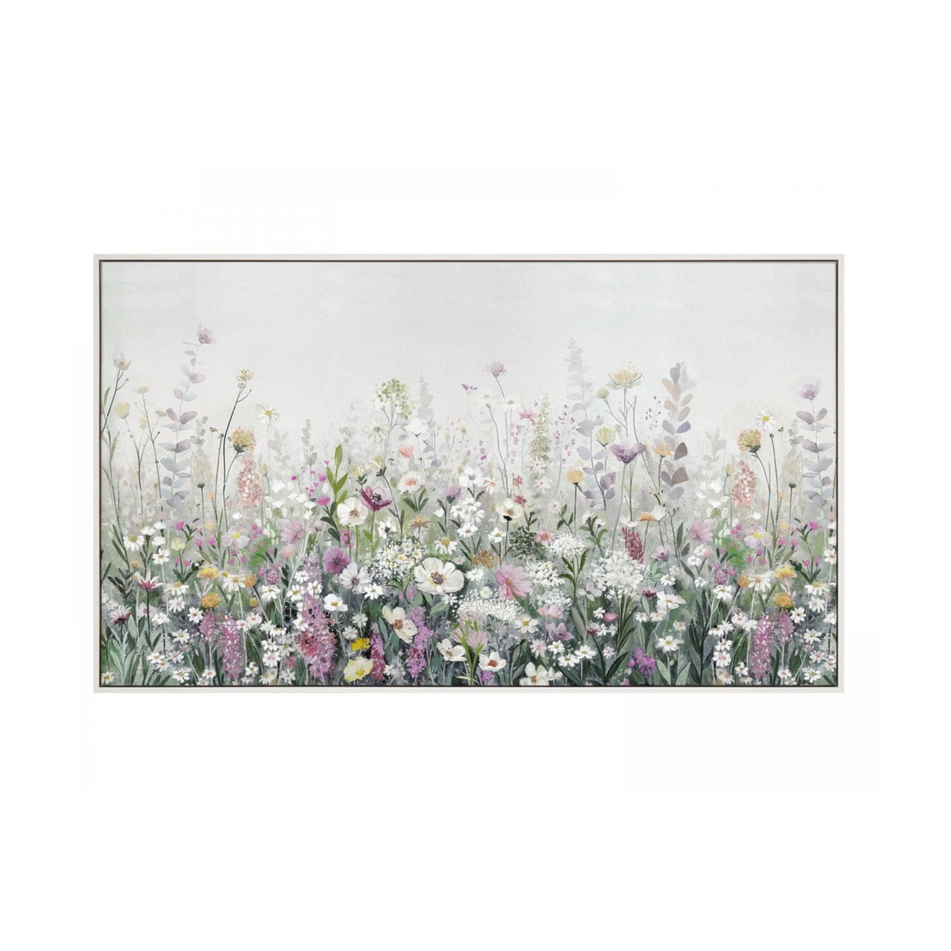 Framed artwork of a colorful floral field on a white background