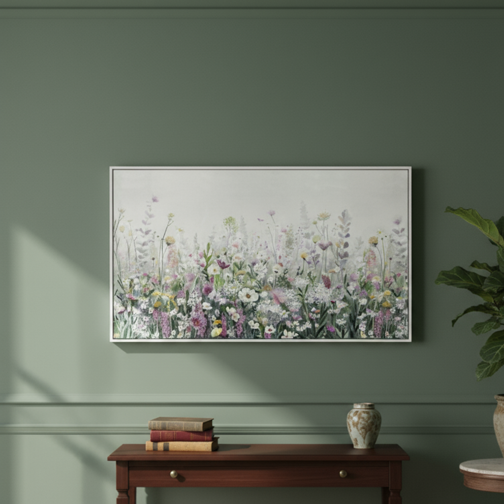 Decorative interior with a floral painting, wooden console table, and plant against a green wall.