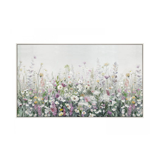 Framed artwork of a colorful floral field on a white background
