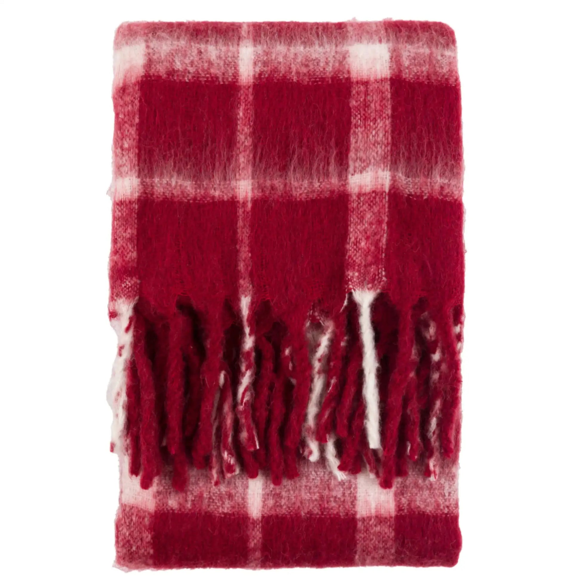 Red and white checkered throw blanket with fringes on a white background
