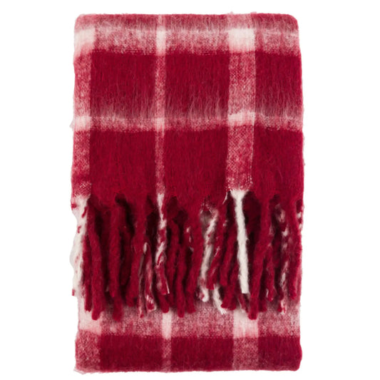 Red and white checkered throw blanket with fringes on a white background