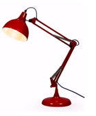 Red desk lamp with a flexible arm on a white background