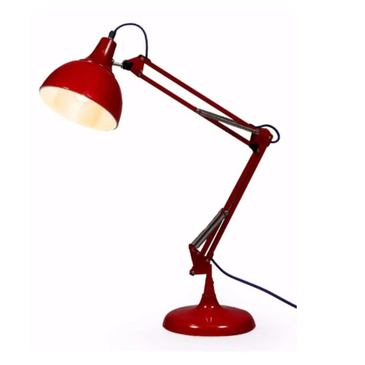 Red desk lamp with a flexible arm on a white background