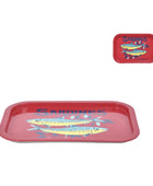 Red trays with fish illustrations and 'Sardines' text on a white background