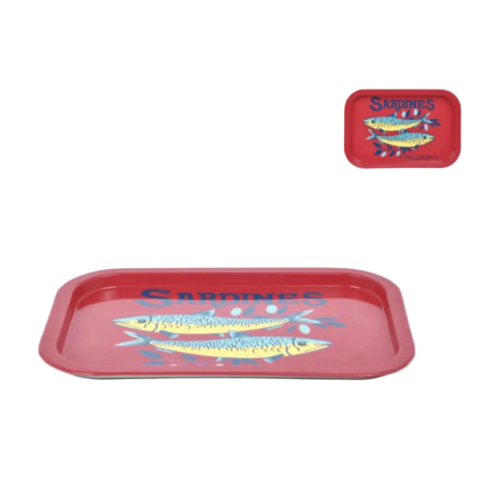 Red trays with fish illustrations and 'Sardines' text on a white background