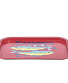 Red tray with fish illustration and 'Sardines' text on a white background