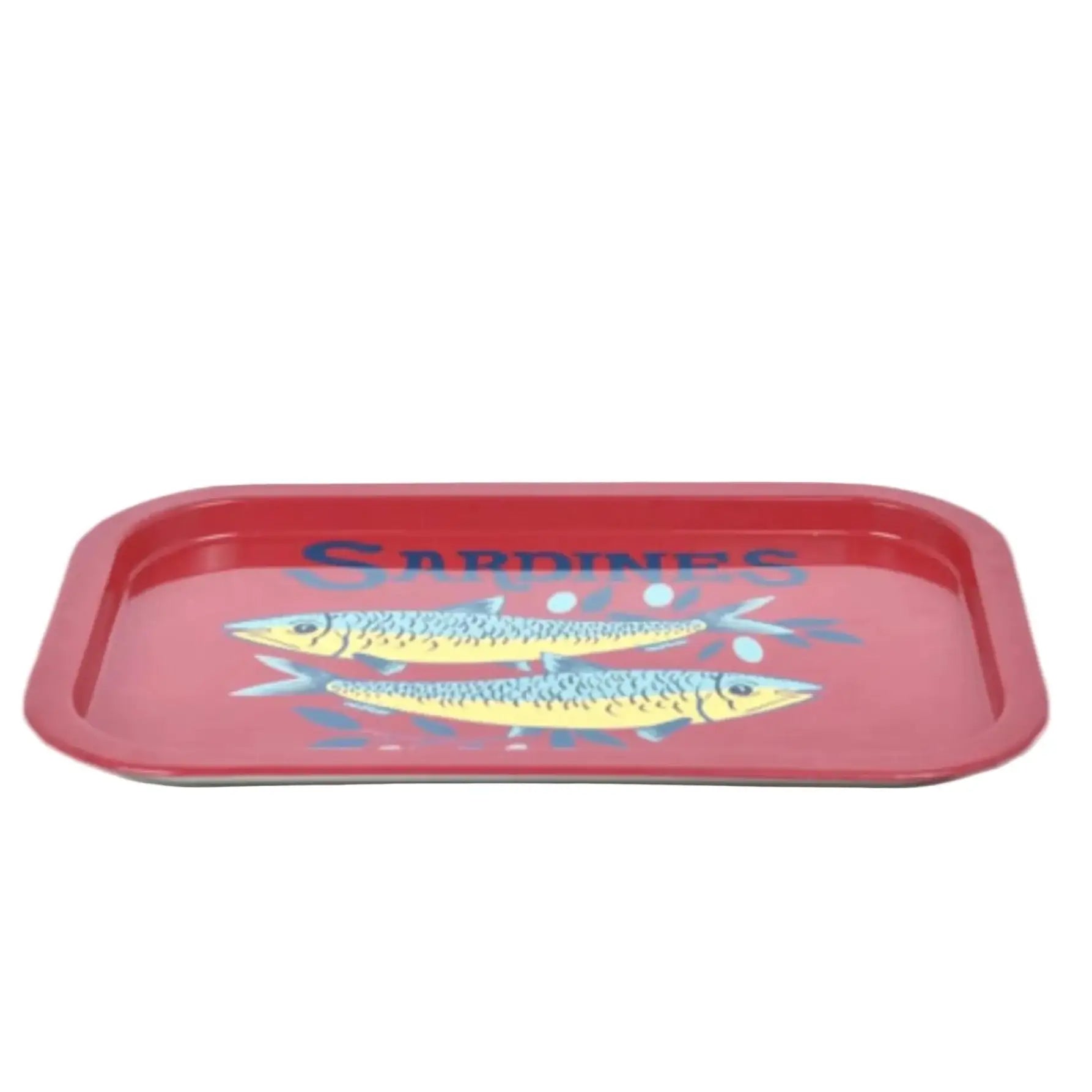 Red tray with fish illustration and 'Sardines' text on a white background
