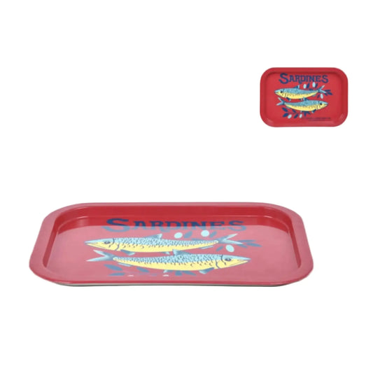 Red trays with fish illustrations and 'Sardines' text on a white background