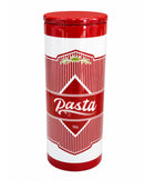 Red and white pasta storage canister on a white background