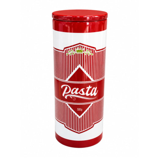 Red and white pasta storage canister on a white background