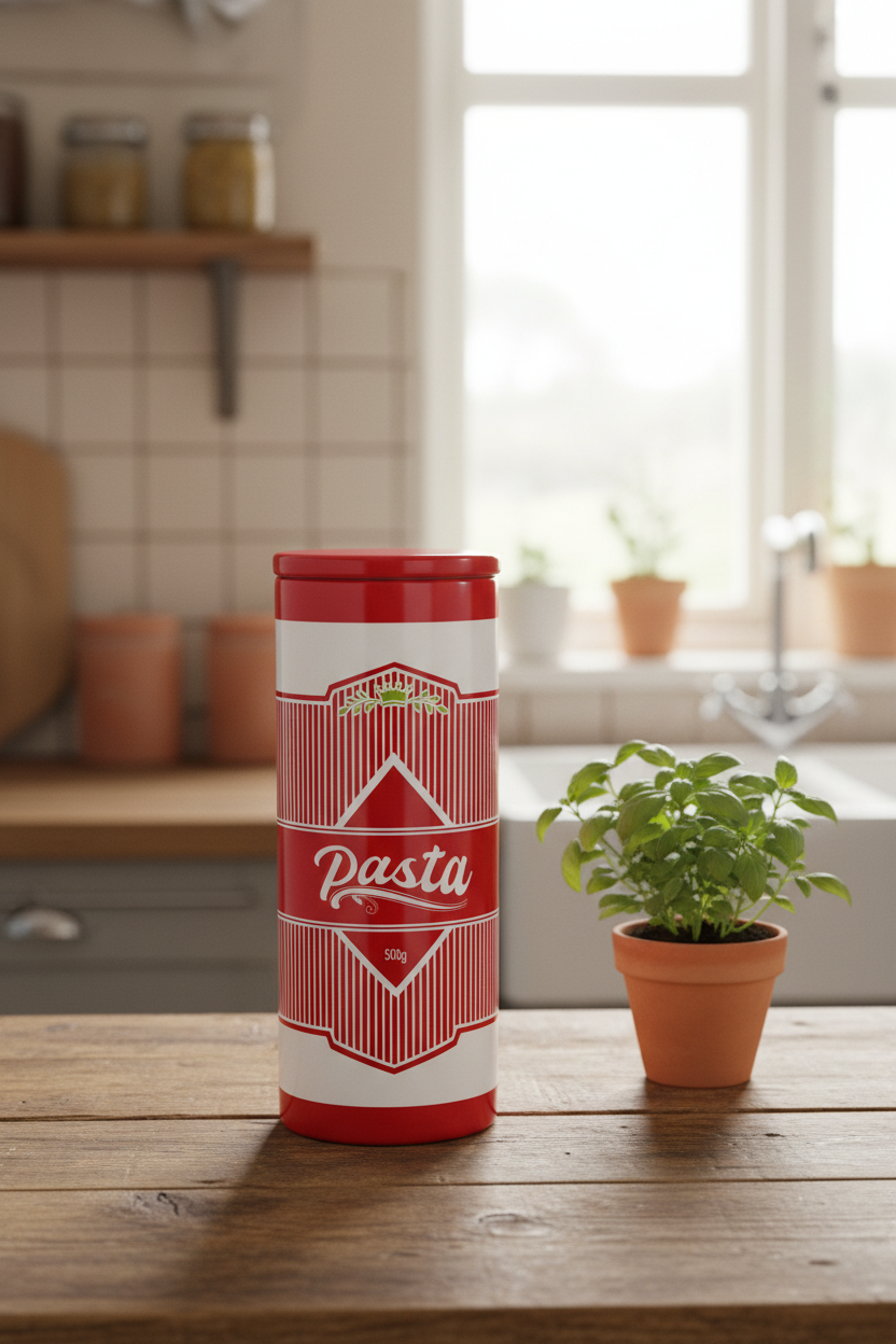 Red and white pasta container on a wooden table with a kitchen background