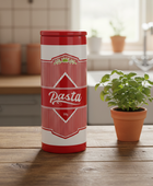Red and white pasta canister on a wooden table with a potted plant in the background