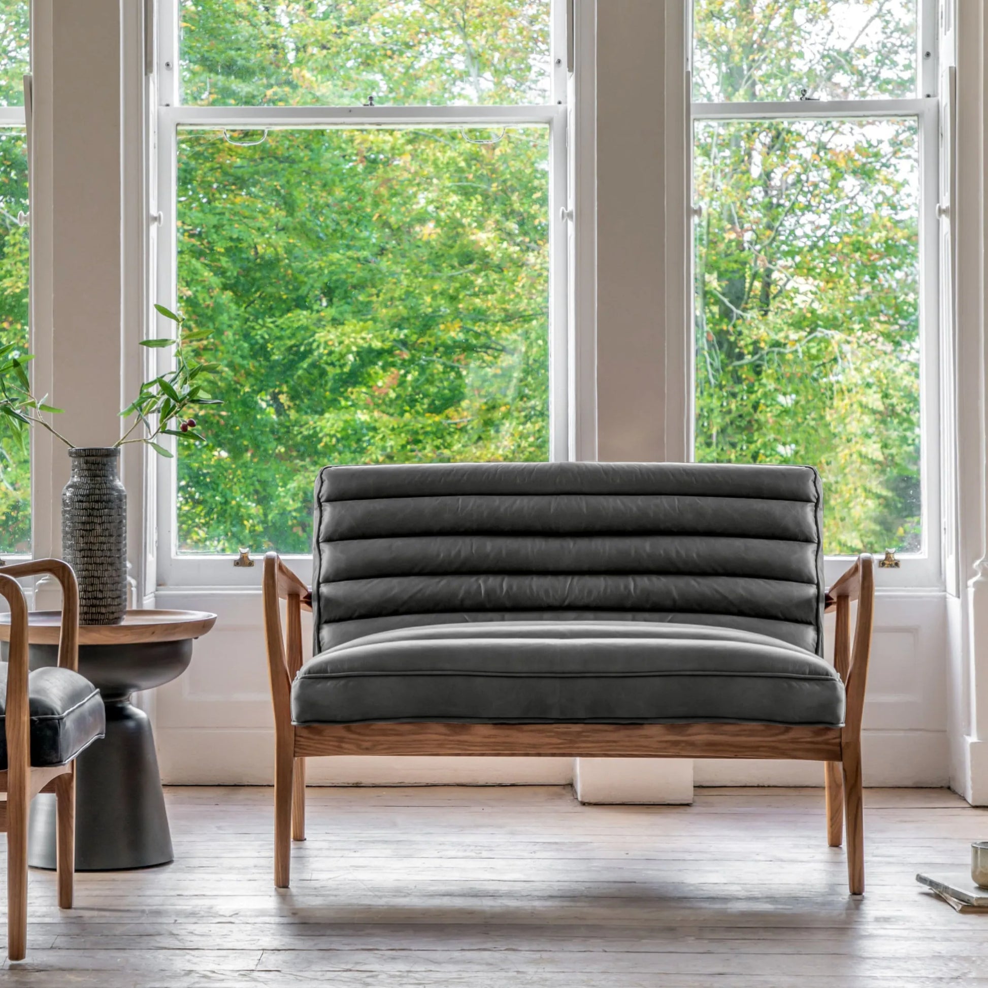 Ribbed Ebony Black Leather Fabric Two Seater Armchair