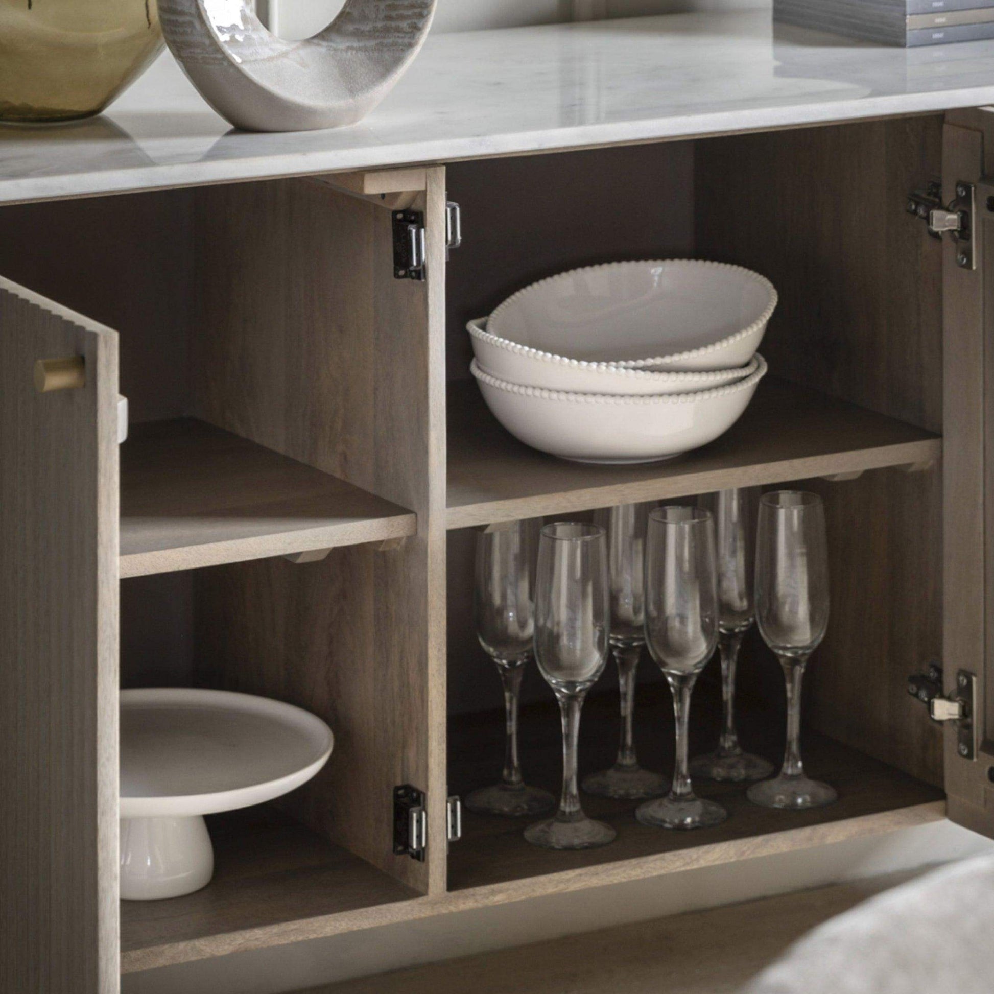 Ribbed Mango Wood & Carrera Marble Top Sideboard - The Farthing